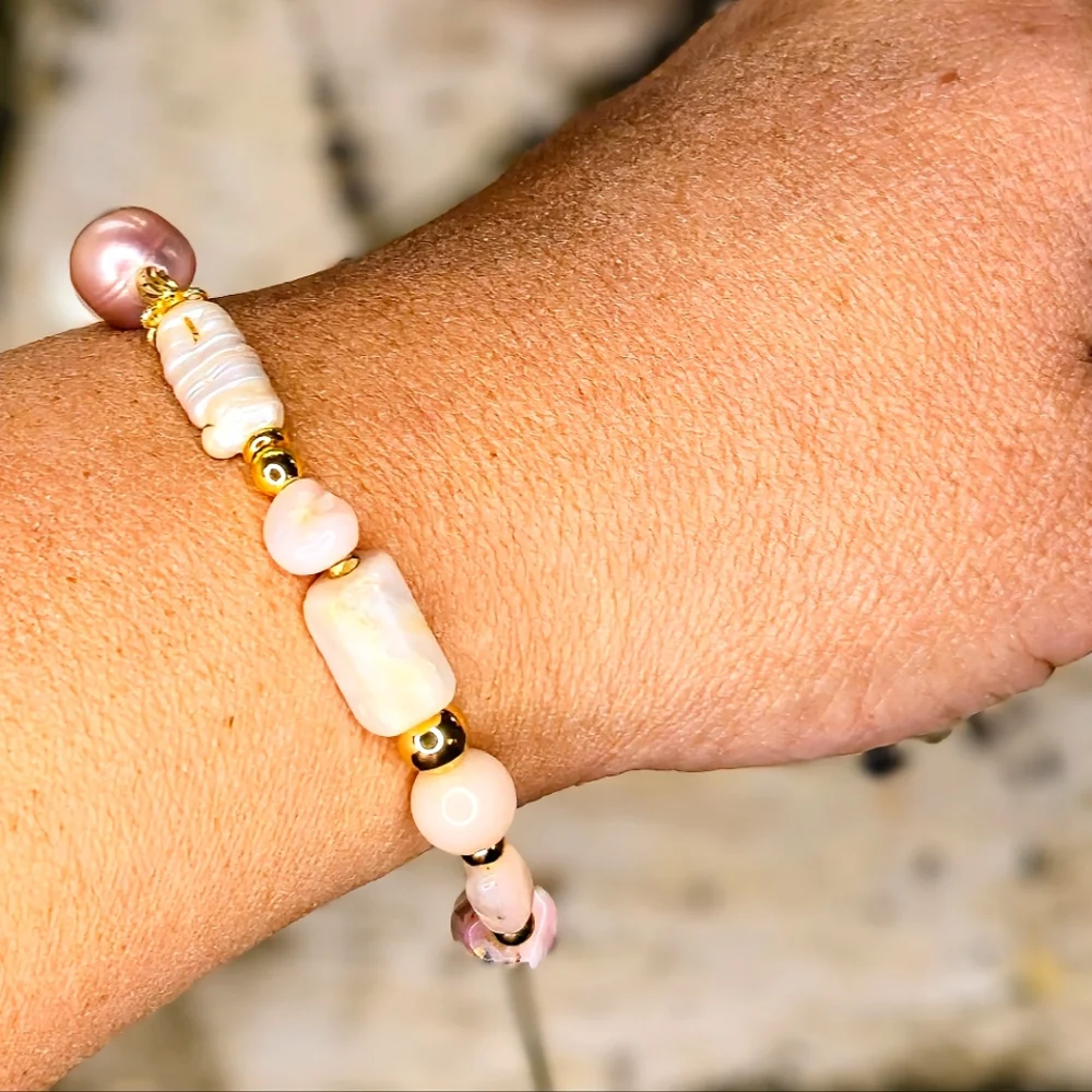 Pink Opal &  Baroque Pearls In Assymetrical Free Form Artisan Bracelet